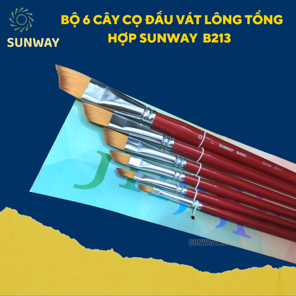 Bộ cọ vẽ màu nước đầu vát Sunway B213 lông tổng hợp - Bộ 6 cây dùng vẽ acrylic, sơn dầu