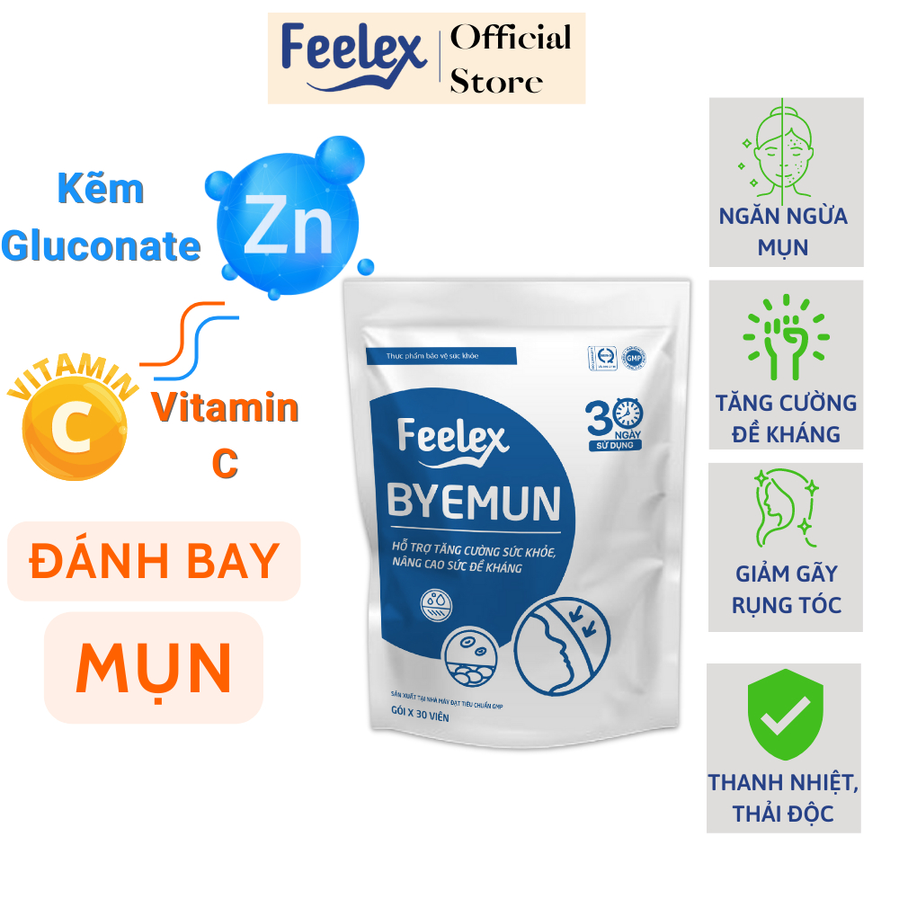 Viên uống Feelex Byemun Giảm Mụn Viêm, Ẩn, Thâm, Đầu Đen Cho Da Dầu Mụn Bổ sung Kẽm ZinC,vitamin C gói 30 viên (30 ngày)