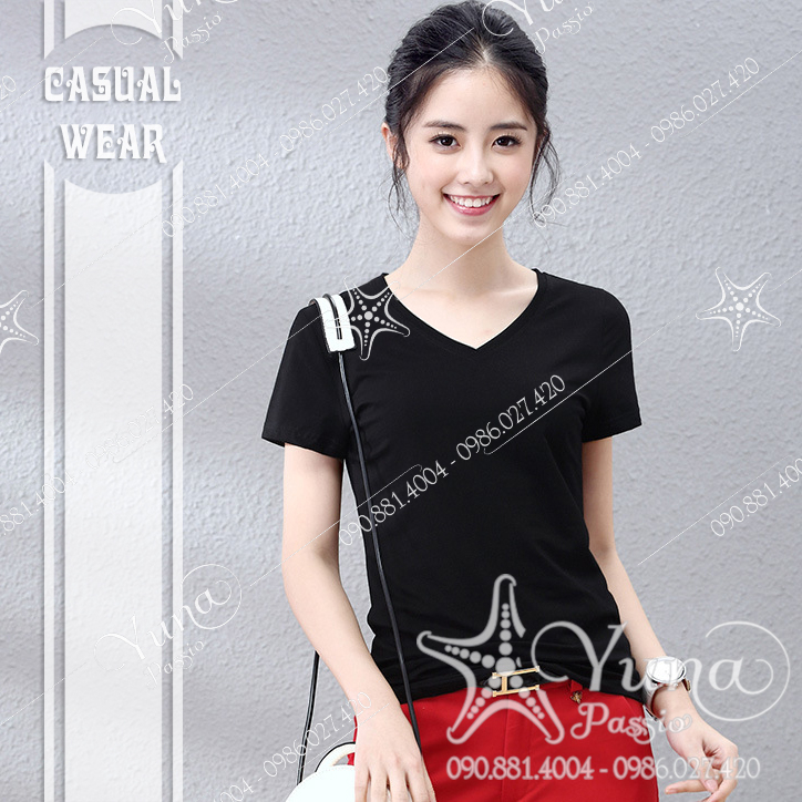 Hàng Thái Xịn, Áo Phông Thái Trơn Cổ Tim Màu Đen YUNA