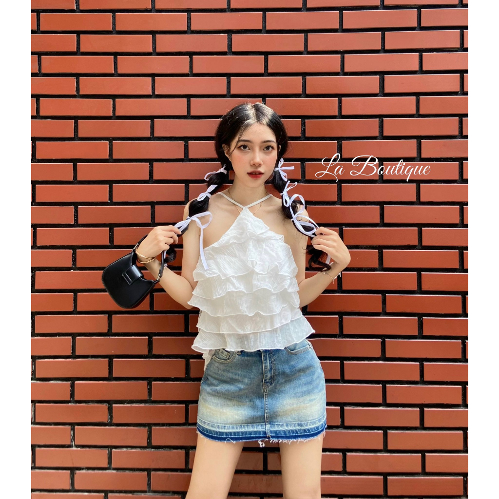 Áo cổ yếm xếp tầng La Boutique voan dập dịu dàng nữ tính