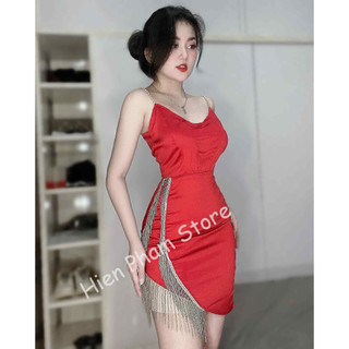 Đầm body lụa 2 dây xẽ tà phối tua rua đính đá sang chảnh