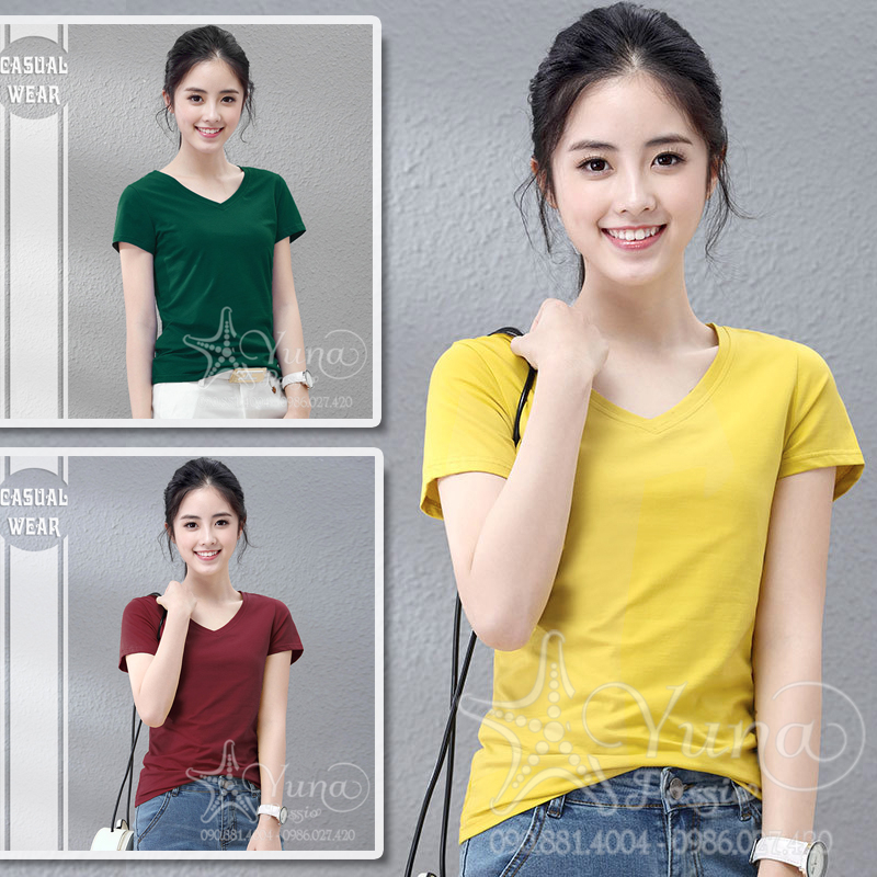 Áo Cổ Tim Trơn Màu Xanh Copal, Áo Thun Thái Trơn Cổ Tim YUNA