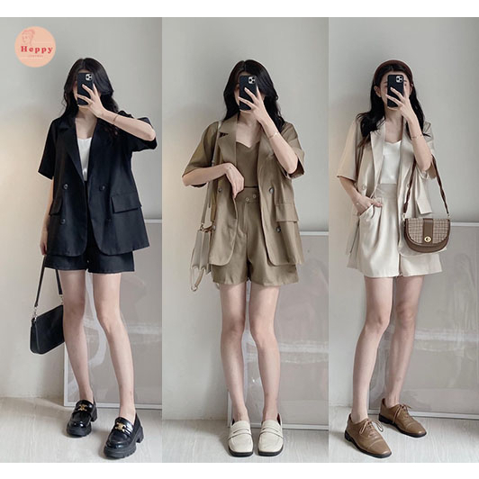 Set 3 món Blazer cộc tay Heppy và quần short cạp cao (kèm áo 2 dây) _setblazer1501