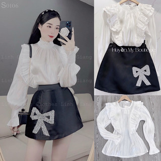 Sét áo sơ mi tơ óng sang chảnh mix chân váy tacta đính nơ đá sét dự tiệc tiểu thư