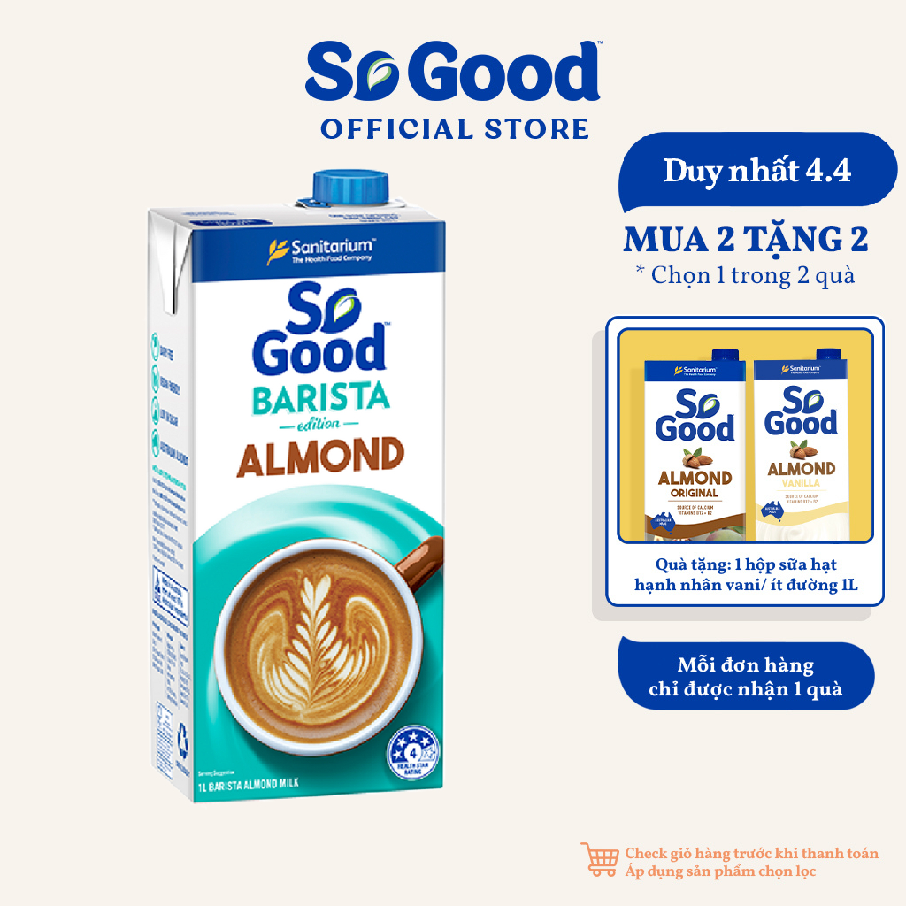 Sữa hạt hạnh nhân Barista SO GOOD 1L ít béo thơm ngon sánh mịn bổ sung canxi và vitamin B phù hợp người ăn kiêng