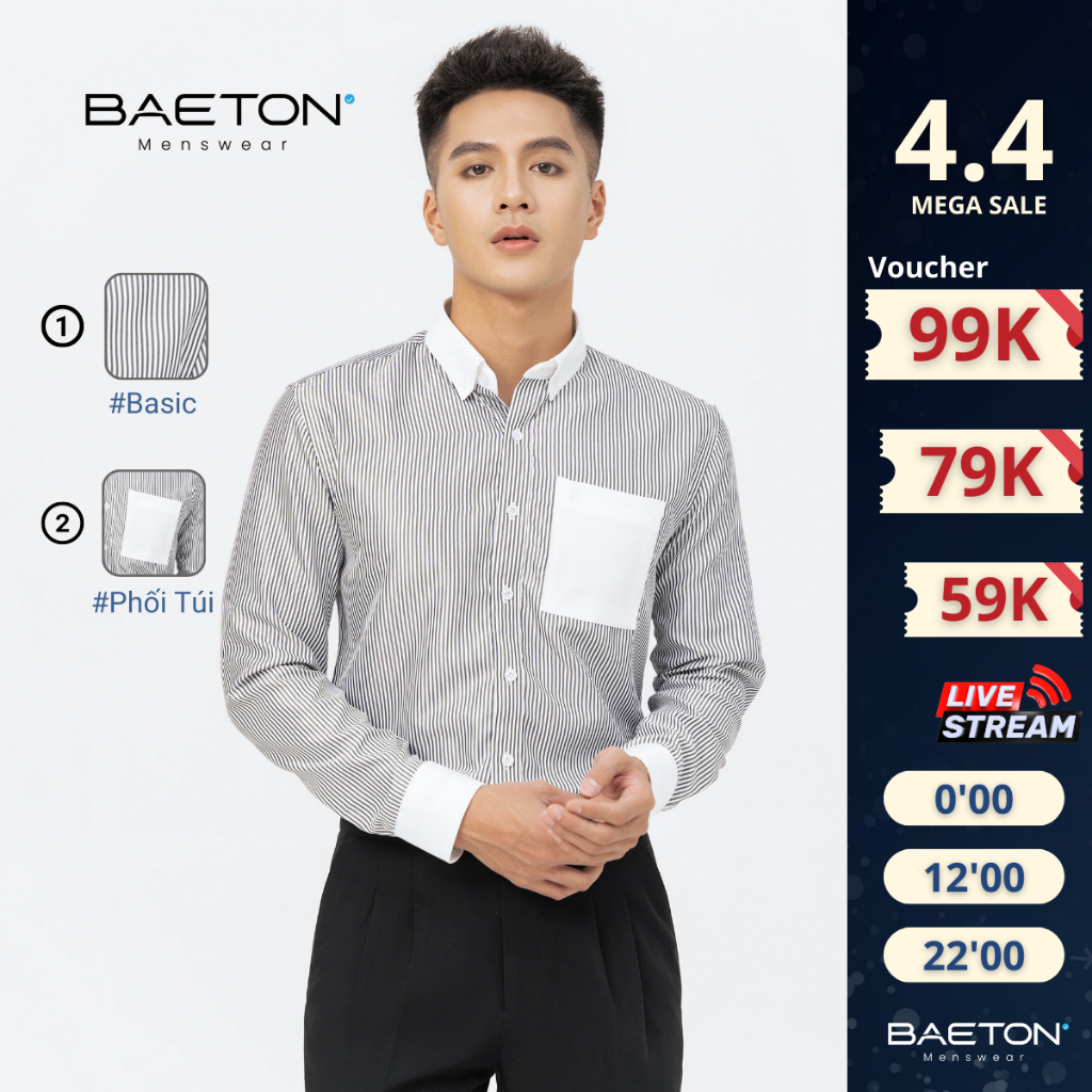 Áo sơ mi nam kẻ sọc phối tay Line K Hàn Quốc cao cấp lụa hàn lịch lãm thương hiệu BAETON - S02