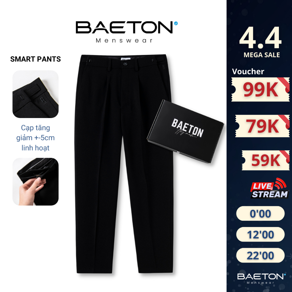 Quần tây nam baggy tăng cạp SMART PANT cao cấp co giãn tốt thương hiệu BAETON - A02