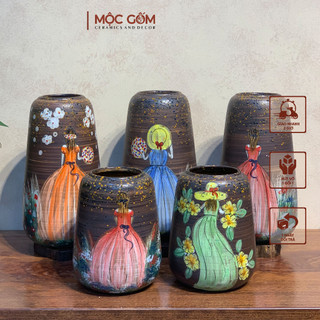Bình hoa vẽ cô gái, công chúa gốm Bát Tràng xinh xắn decor, lọ sứ cắm hoa trang trí để bàn Mộc Gốm MG109