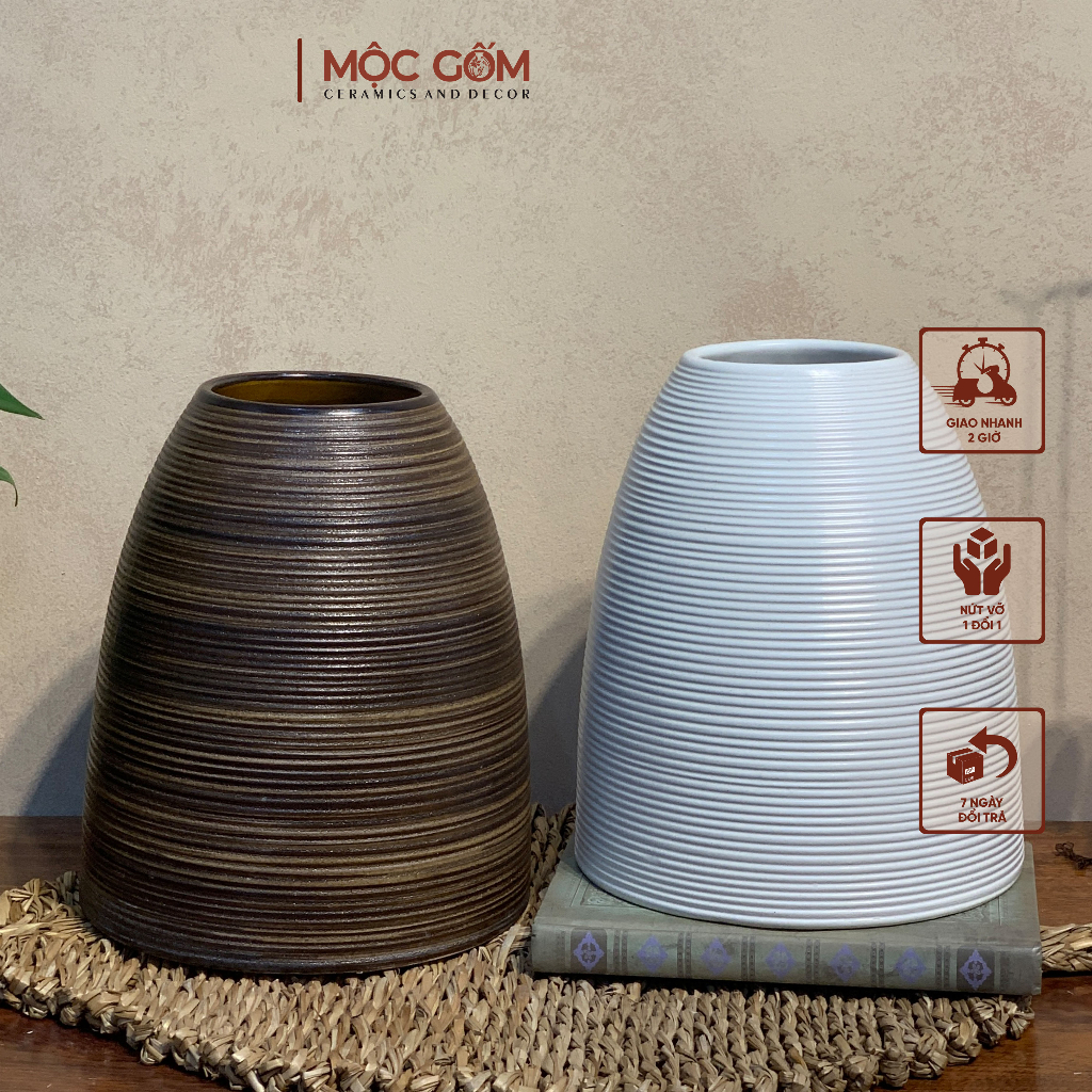 Bình gốm Bát Tràng dáng chuông cắm hoa thân ganh vân ngang màu trắng trang trí nội thất đẹp Mộc Gốm MG101