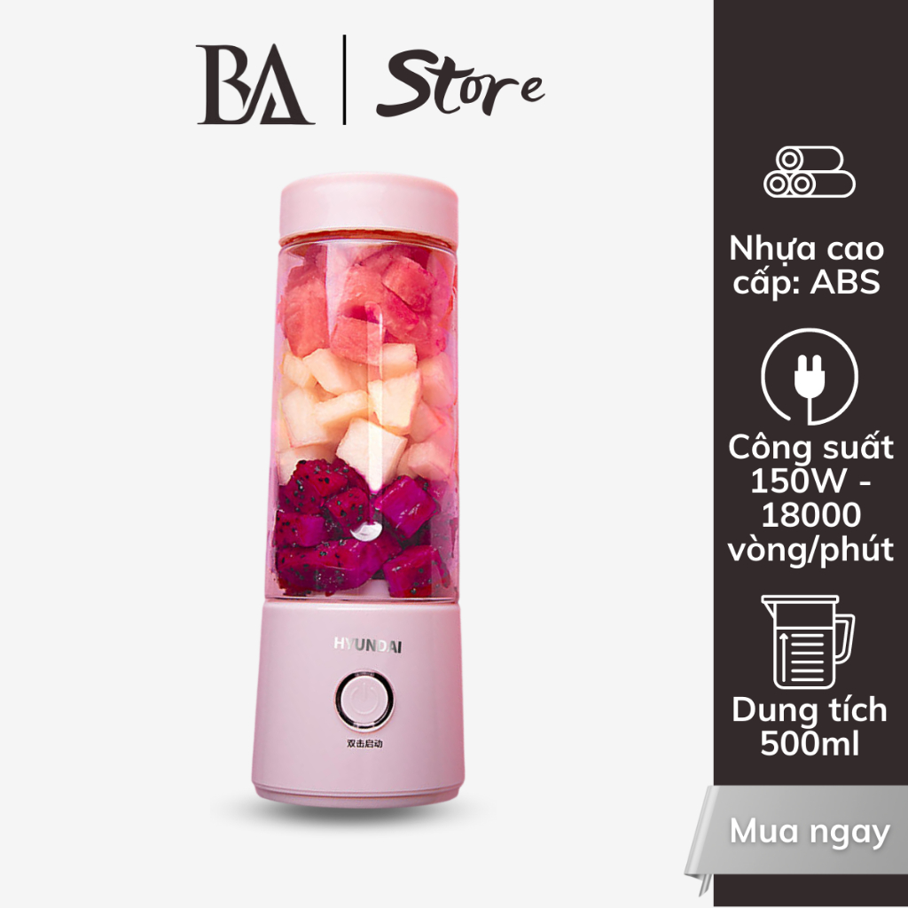 Máy Xay Sinh Tố Mini Cầm Tay Hyundai, Máy Xay Sạc Pin Với 2 Lưỡi Dao Dung Tích 400ml - Bảo Anh