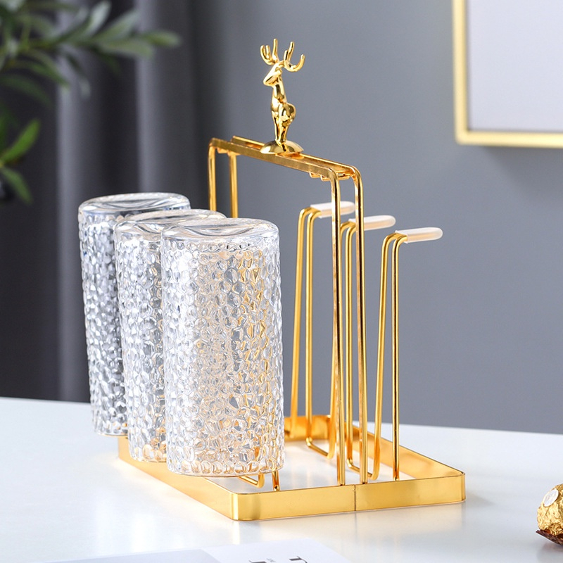 💗FREESHIP💗Khay Úp Cốc, Giá Úp Ly Mạ Vàng Hình Hươu Kèm Khay Hứng Nước ZA62