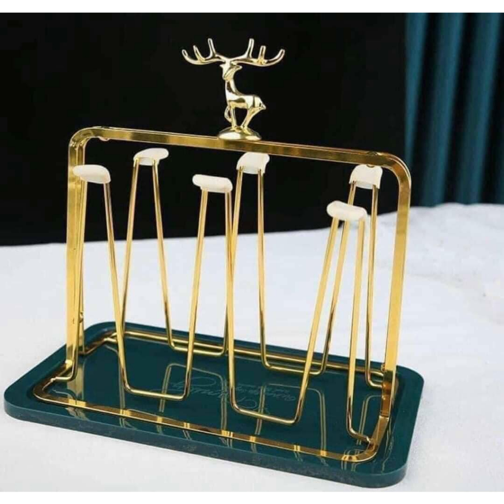 💗FREESHIP💗Khay Úp Cốc, Giá Úp Ly Mạ Vàng Hình Hươu Kèm Khay Hứng Nước ZA62