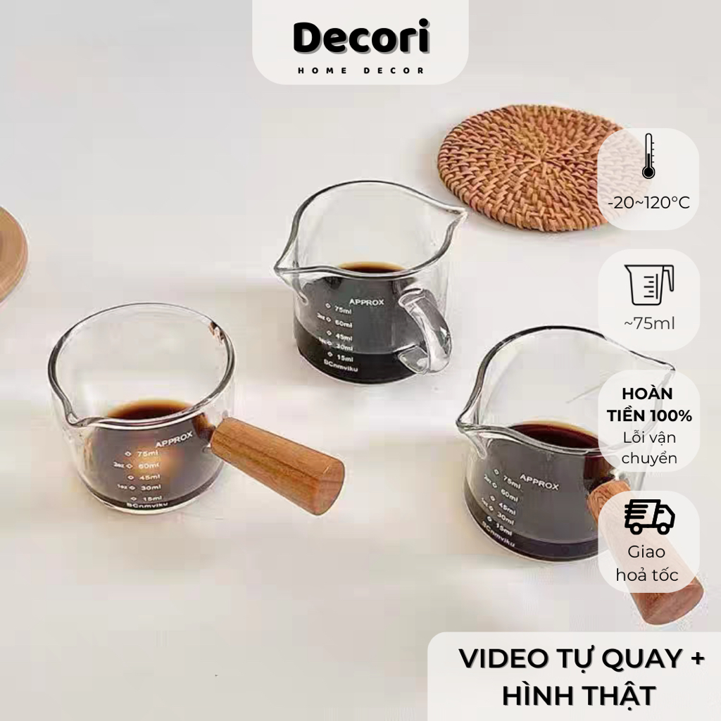 Ly cốc đong cà phê 75ml thuỷ tinh chia vạch tay cầm cán gỗ | Decori
