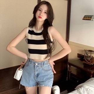 Áo len ba lỗ dáng croptop thời trang, Áo hai dây 3 lỗ crt cổ tròn kẻ ngang