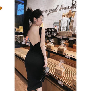 Đầm body gân 2 dây cổ U hở lưng nhọn sexy