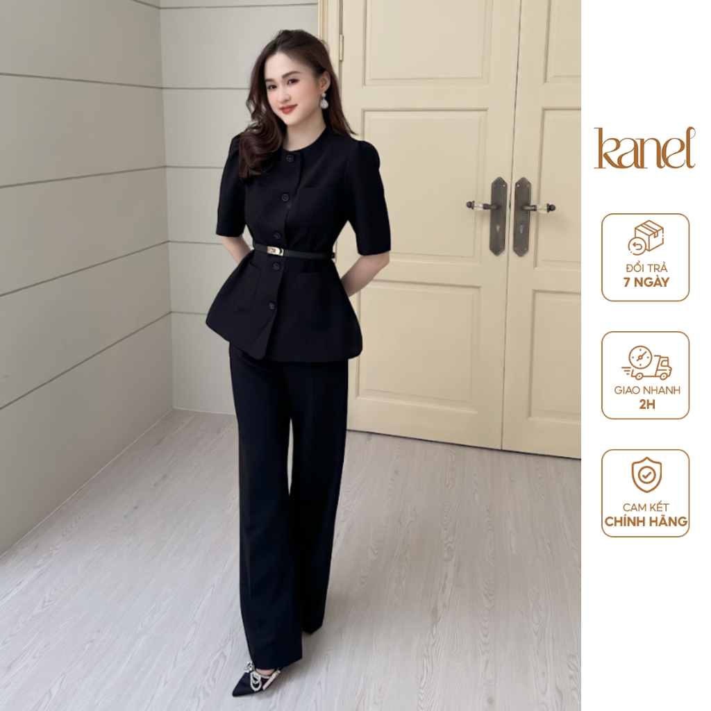 Set áo quần KANEL áo vest cách điệu cổ tròn tay lỡ bồng, quần ống rộng nữ 3 màu - S1642, set vest công sở nữ