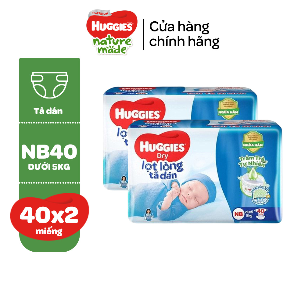 [Tặng 4 miếng cho size S80] Combo 2 Tã dán sơ sinh Tràm Trà Tự Nhiên Huggies NB40/NB70/S54/S80