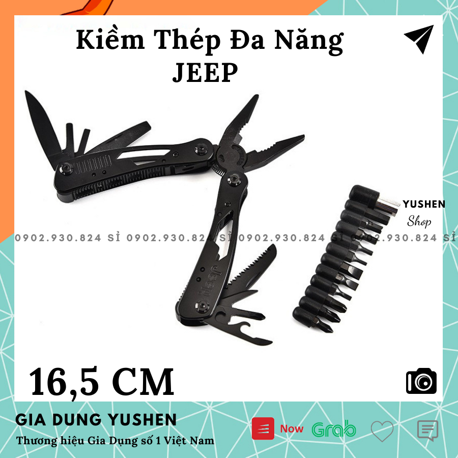 Kiềm Thép Jeepp Đa Năng Lớn 16,5cm ĐEN bao da, 13 chức năng kềm tua vít,cưa,dao,kìm, khui bia, giũa