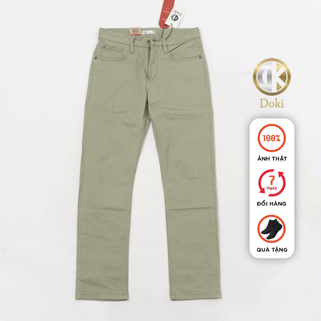 Quần Kaki Jean - Doki cao cấp co giãn 4 chiều, quần kaki nam màu rêu nhạt trơn dáng ôm chất vải dầy dặn mềm mịn