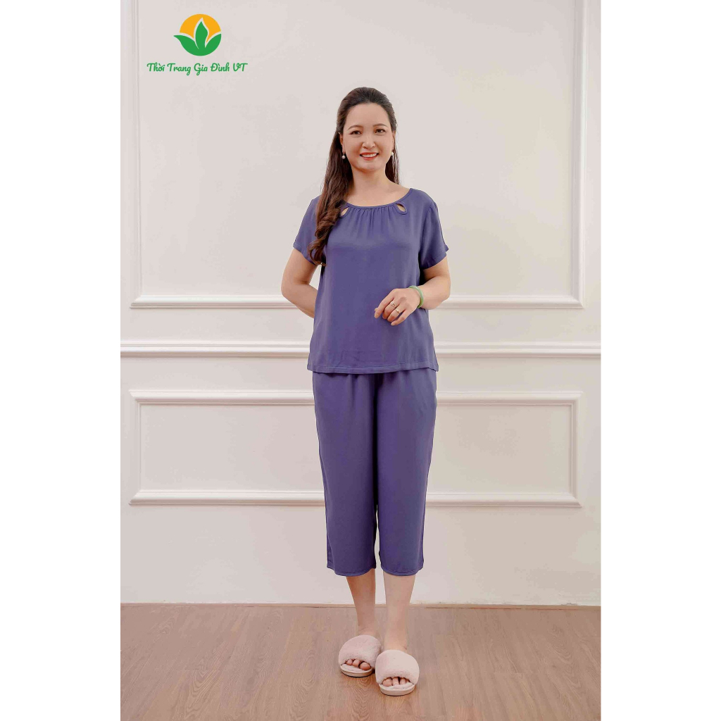 Quần áo mặc nhà trung niên xuân hè Việt Thắng, quần lửng, áo cộc tay, chất liệu Lanh - B26.2210