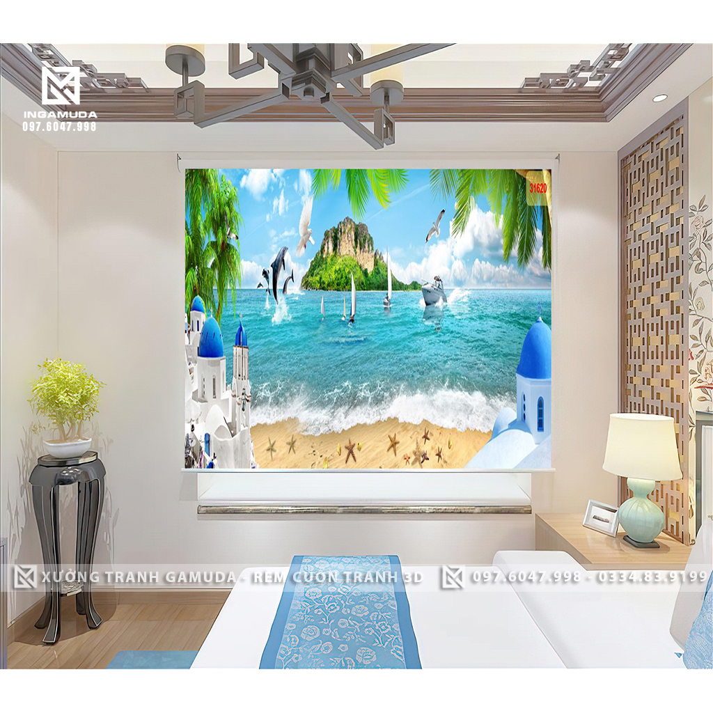 Rèm Cuốn Tranh 3D In Họa Tiết Châu Sang Trọng Hàng Thiết Kế Theo Yêu Cầu