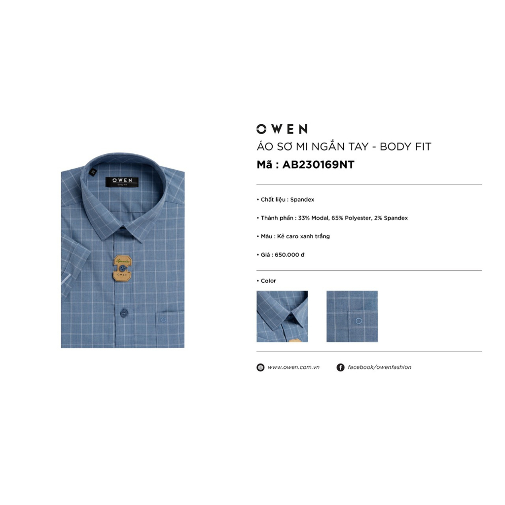 Áo sơ mi owen ngắn tay màu xanh trắng caro body fit vạt ngang vải sồi AB230169NT