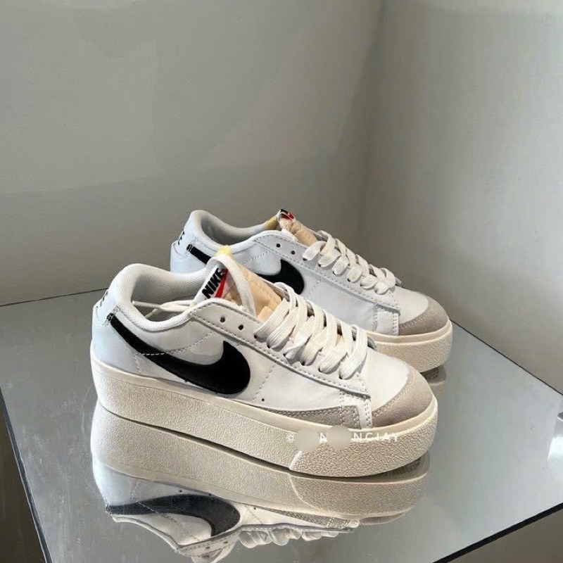 giày blazer Platform trắng đen thấp cổ cao cấp, giày blazer cổ thâp trắng kem móc đen mới