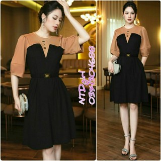 Hàng nhập - Đầm dáng suông thun cotton lụa cổ tròn, váy xuông chữ A tay phồng cách điệu