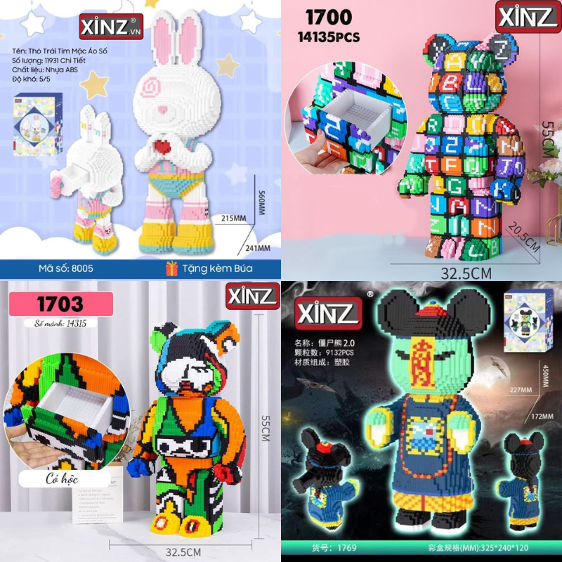 Xếp hình lego Gấu Bearbrick 55cm jinx, Gấu Elizabeth cỡ lớn, Xếp hình lắp ghép lego gấu Bearbrick TẶNG BÚA