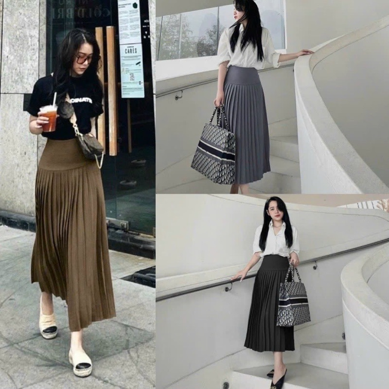 Chân váy xếp ly dáng dài midu cạp bản to khoá kéo siêu xinh, Chân váy midu xếp ly dáng dài 3 màu cực hot