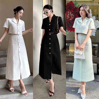 Set áo croptop cổ vest kèm chân váy suông dài