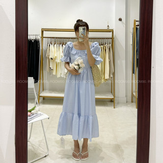 [ Room90 ] Đầm/ váy bẹt vai ngắn tay xếp bèo hoạ tiết kẻ 3681