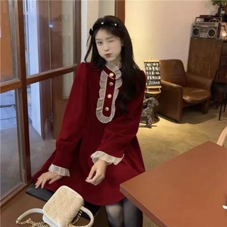 Váy nhung đỏ tiểu thư, váy đỏ noel mặc Tết, váy dài tay cao cấp