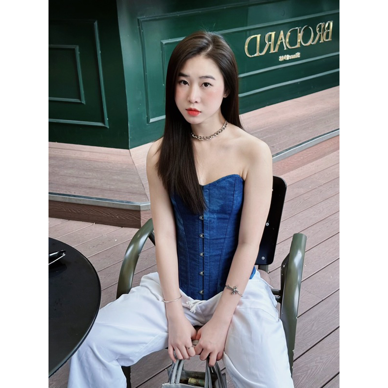 DENIM CORSET LOANG MÀU XANH ĐẬM RÚT DÂY SIẾT EO
