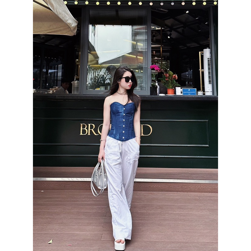 DENIM CORSET LOANG MÀU XANH ĐẬM RÚT DÂY SIẾT EO