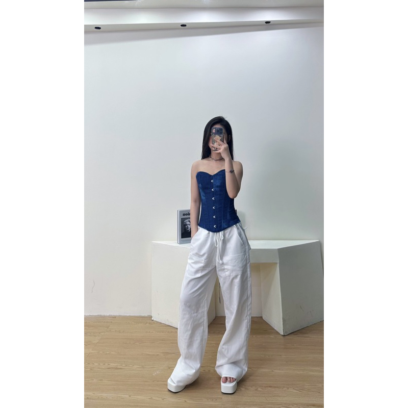 DENIM CORSET LOANG MÀU XANH ĐẬM RÚT DÂY SIẾT EO