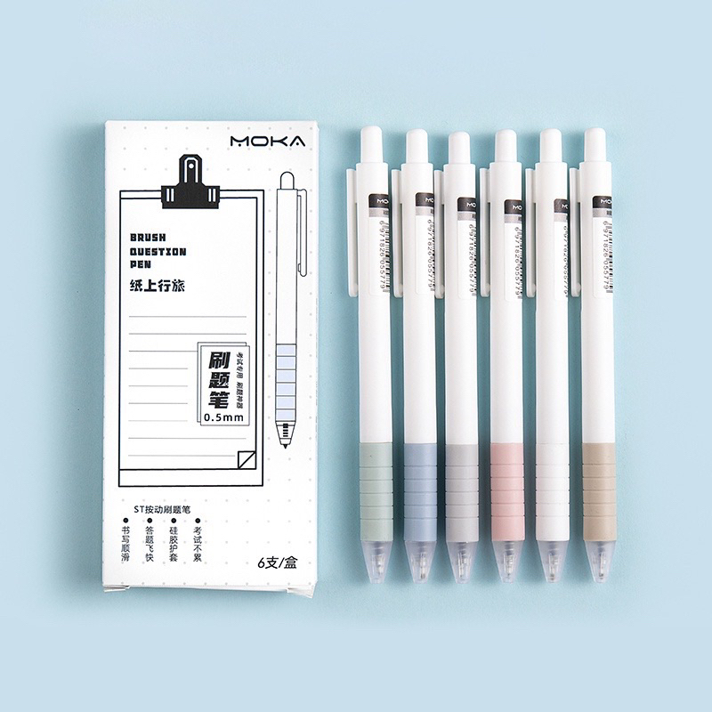 Set 6 Bút Bi Bấm Mực Gel Đen MOKA có đệm chống mỏi tay Ngòi 0.5mm Họa Tiết Cute Hộp 6 Chiếc Cây Viết Nước Giá Rẻ HAPPI