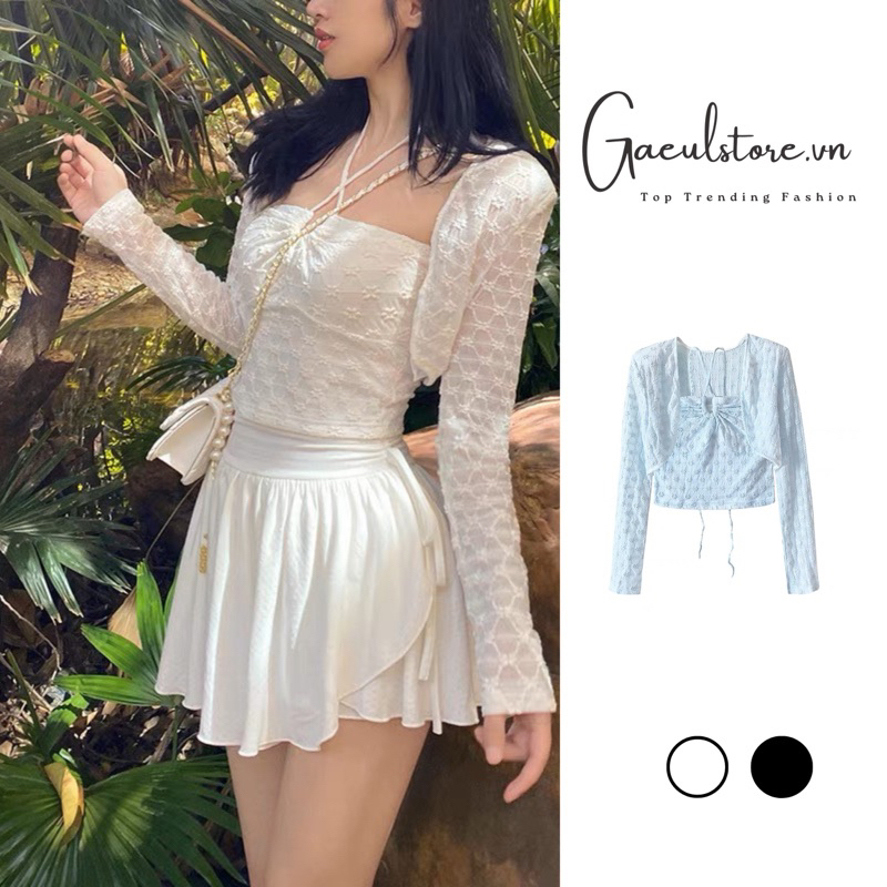 Gaeul store- set áo hoa nổi kiểu yếm buộc mix choàng lửng