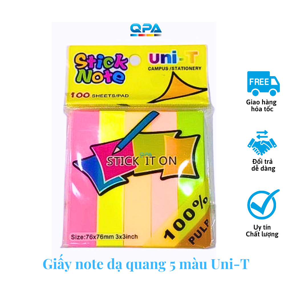 Giấy note dạ quang 5 màu Uni-T