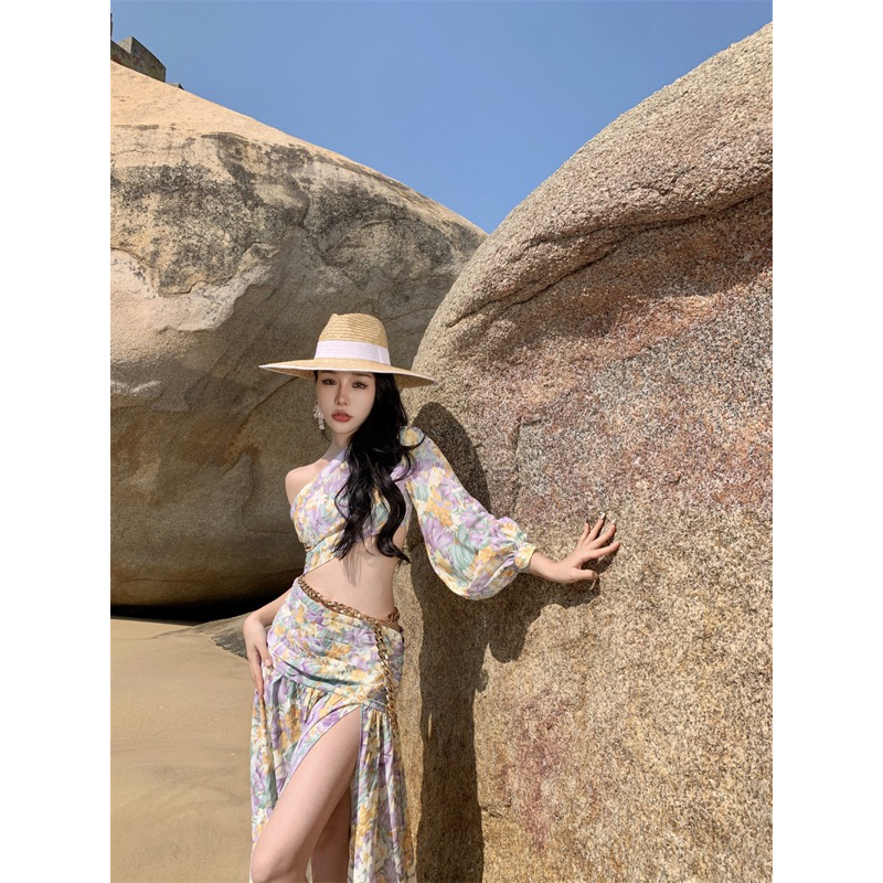 Đầm maxi hoa xẻ tà lệch vai phong cách pháp thời trang nữ herse H39