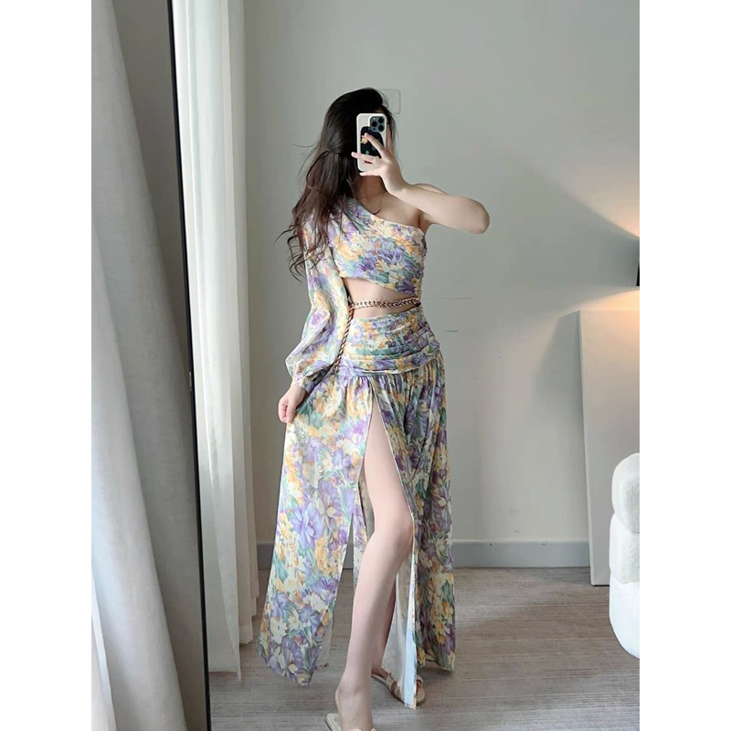 Đầm maxi hoa xẻ tà lệch vai phong cách pháp thời trang nữ herse H39