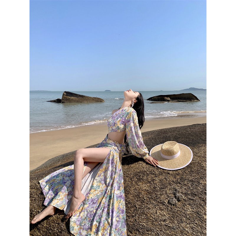 Đầm maxi hoa xẻ tà lệch vai phong cách pháp thời trang nữ herse H39