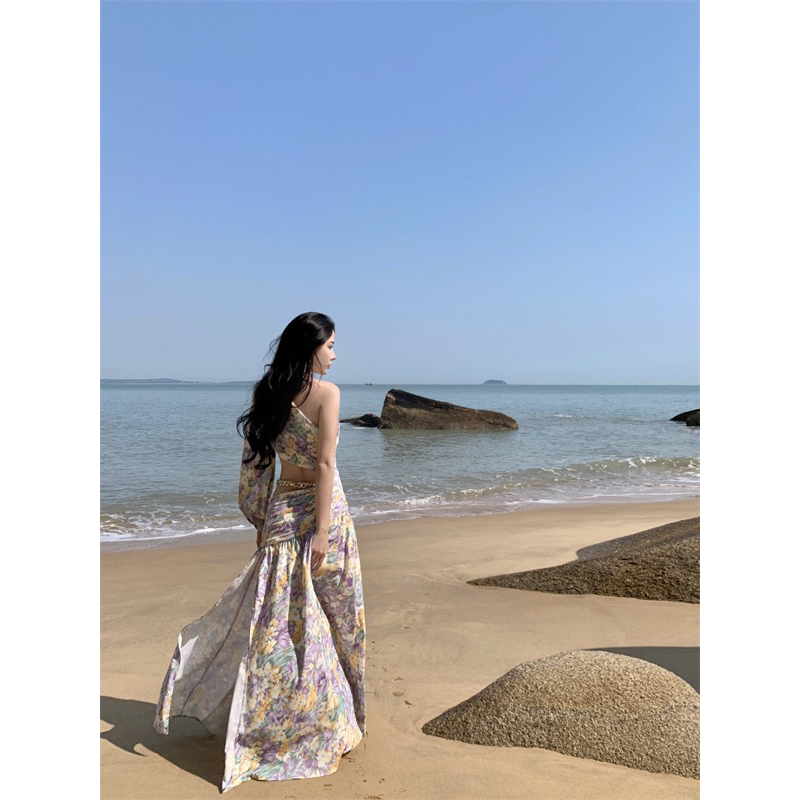 Đầm maxi hoa xẻ tà lệch vai phong cách pháp thời trang nữ herse H39