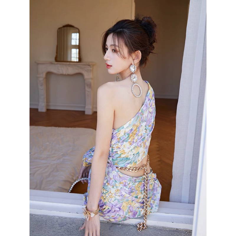 Đầm maxi hoa xẻ tà lệch vai phong cách pháp thời trang nữ herse H39