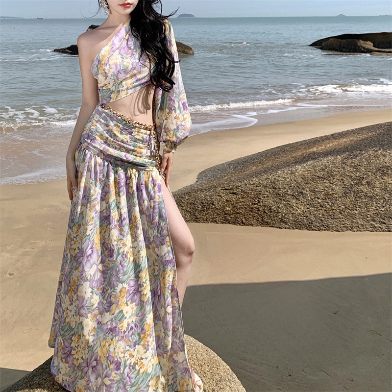 Đầm maxi hoa xẻ tà lệch vai phong cách pháp thời trang nữ herse H39