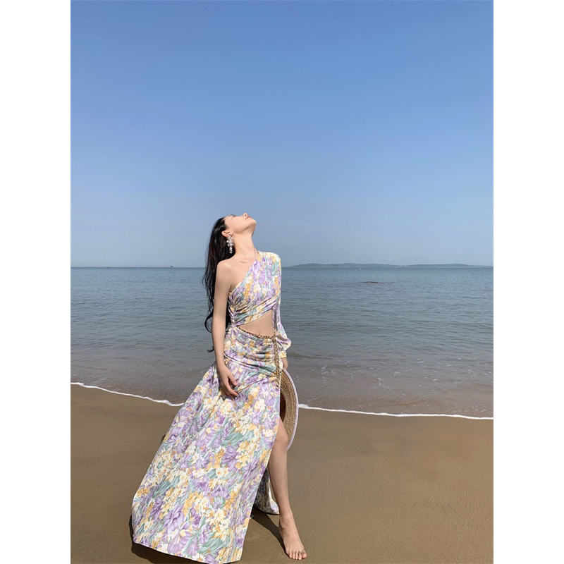 Đầm maxi hoa xẻ tà lệch vai phong cách pháp thời trang nữ herse H39