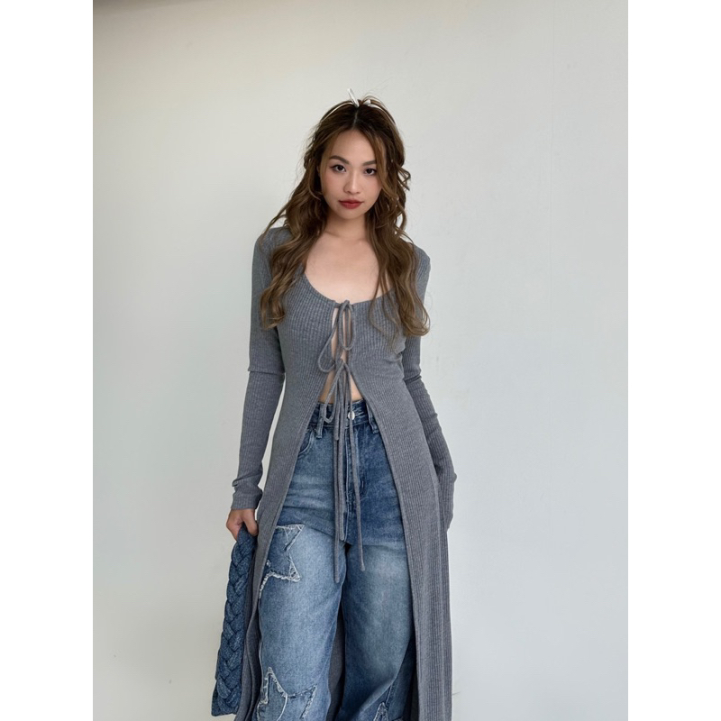 Áo cadigan xám cột dây dáng dài - Hanie cardigan - somalyng.studio