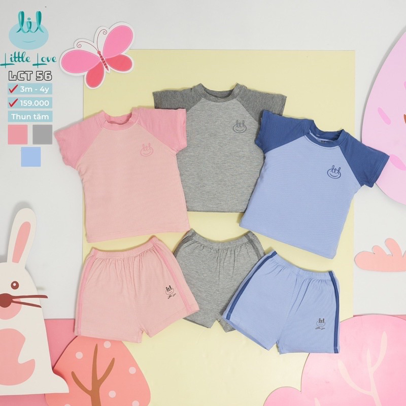 Little love Bộ quần áo cộc tay vải tăm zaclang phối màu cho bé gái và bé trai từ 9m đến 4y