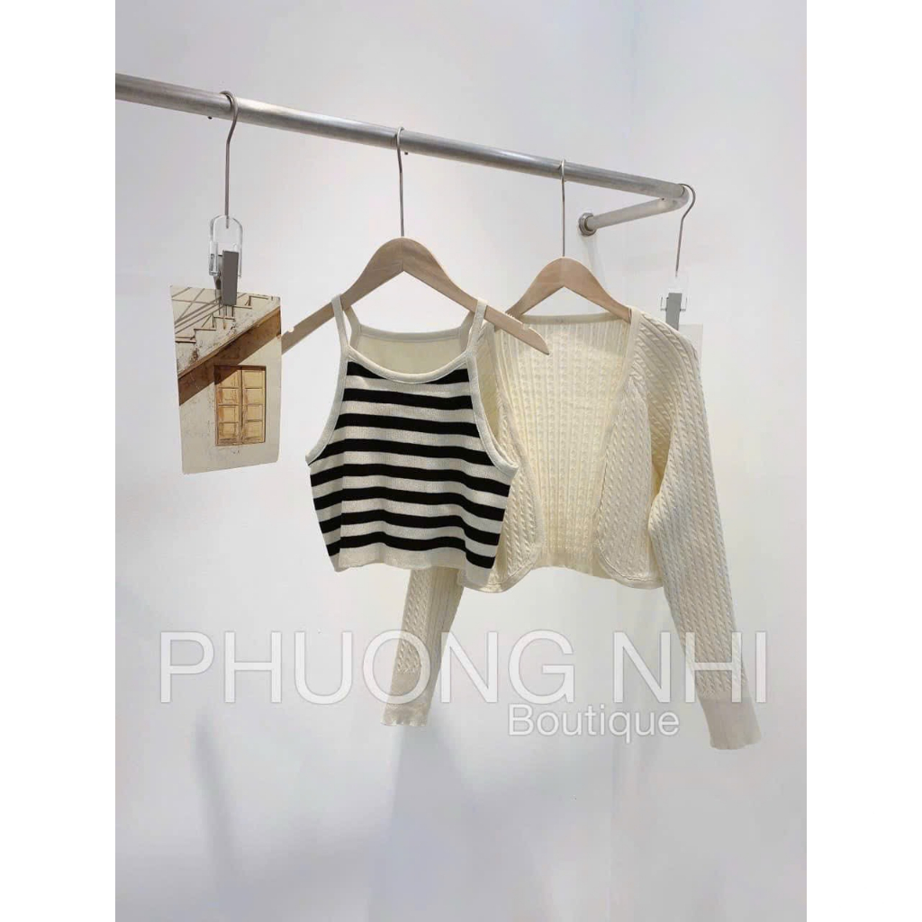 Set bộ nữ áo cặp 2 món áo khoác tay dài kèm áo sọc ngang kiểu 2 dây croptop chất len quãng châu xinh hot