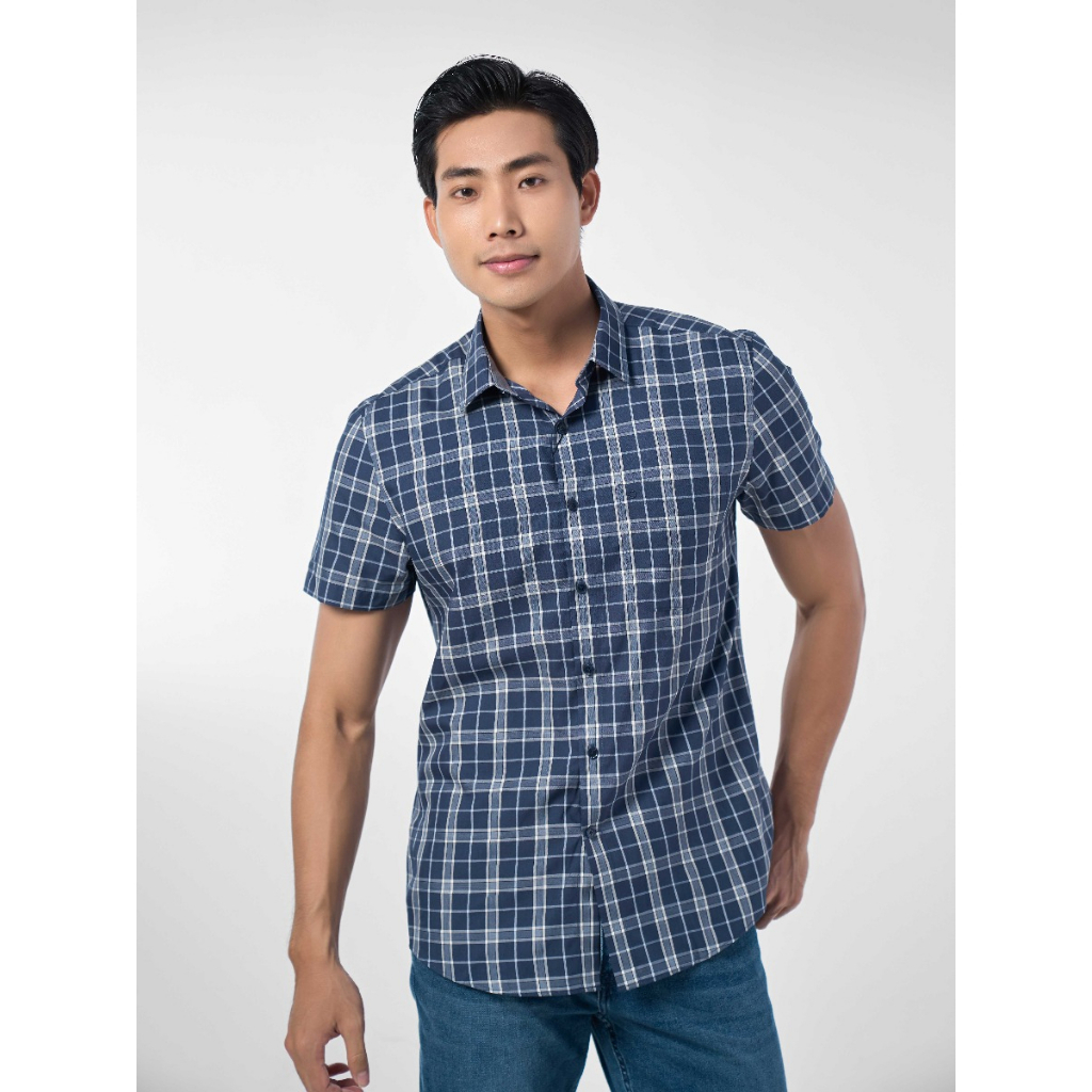 OWEN - Áo sơ mi ngắn tay Owen Regularfit chất sợi tre kẻ ca rô xanh navy 230053